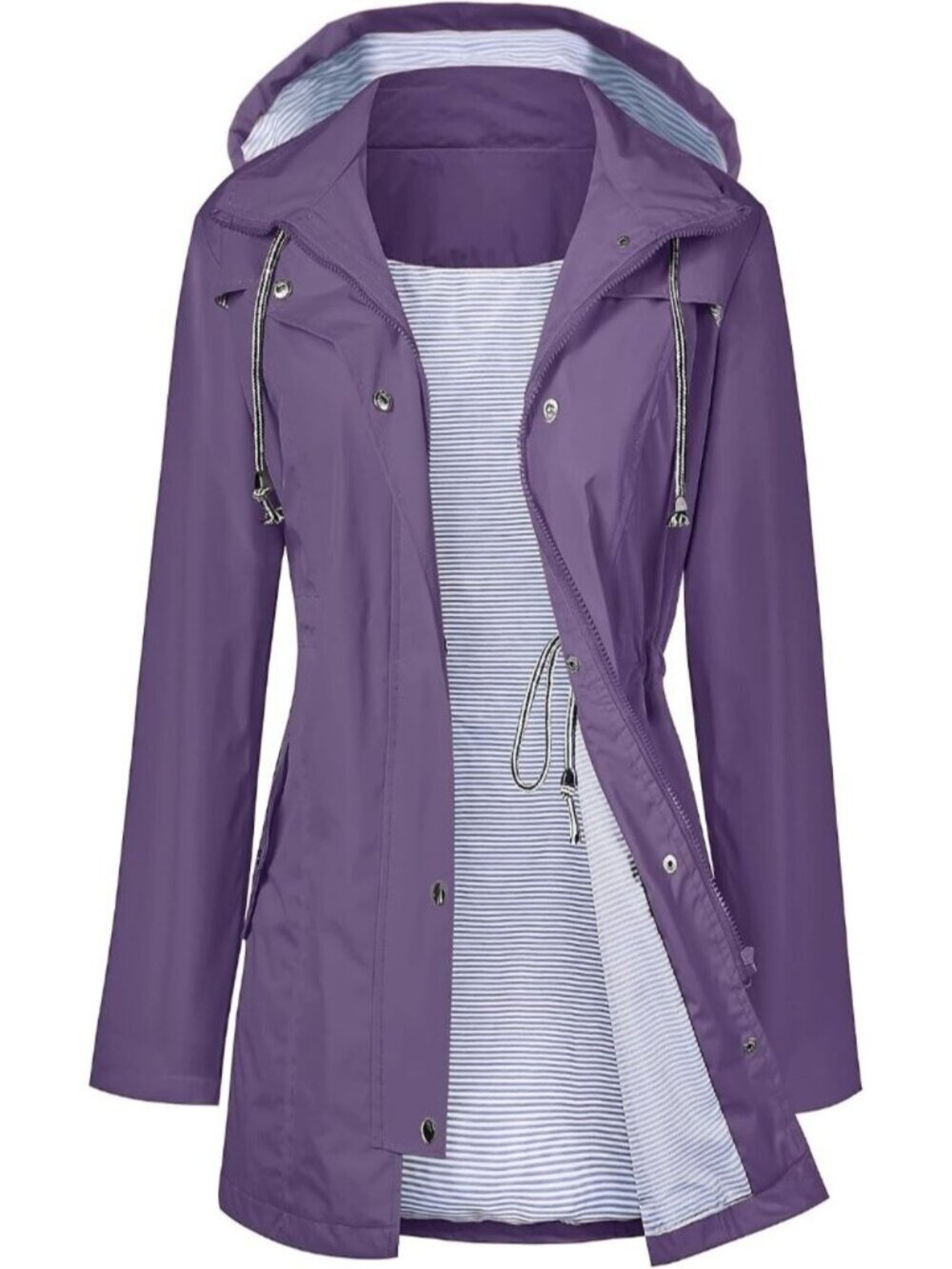 Women Deep Purple Hooded Waterproof Adjustable Drawstring Windbreaker Rain Coat